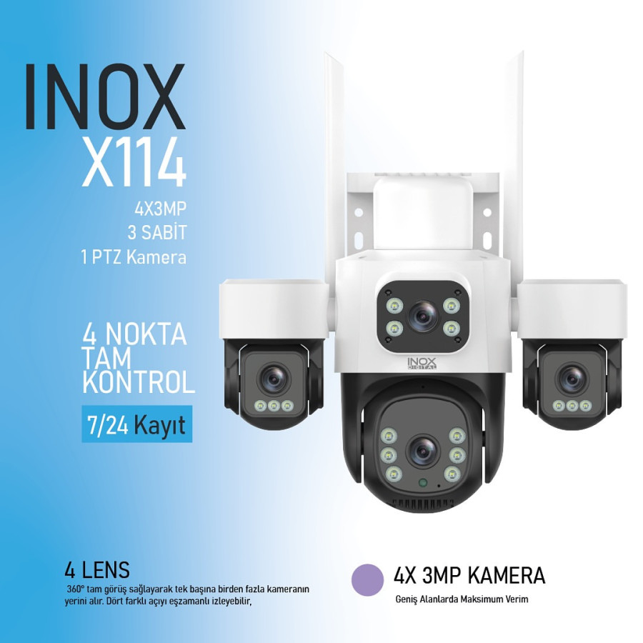 INOX-X114 4x3MP Dört Lensli WiFi PTZ Kamera | Geniş Görüş & Güneş Paneli Destekli