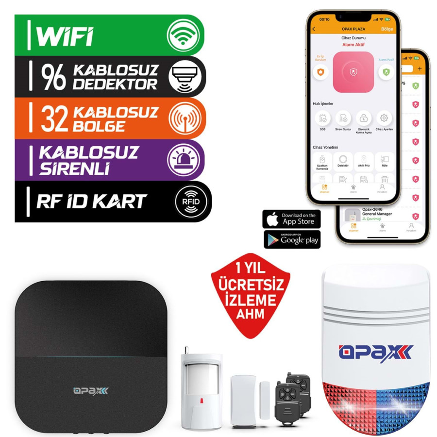 copy of OPAX-W20-W-SİYAH +BGR-O9 SADECE WIFI & BGR-09 KABLOSUZ SİRENLİ ALARM SİSTEMİ (1 YIL AHM ÜCRETSİZ)
