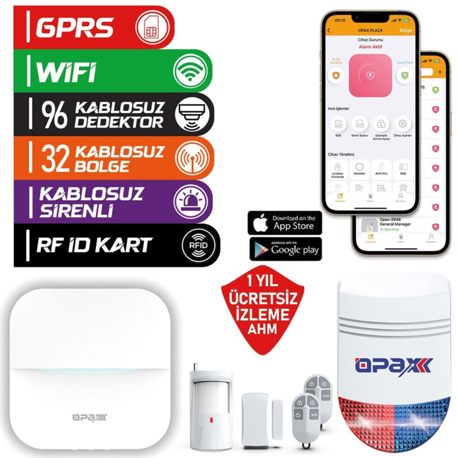 copy of copy of OPAX-W20-W-SİYAH +BGR-O9 SADECE WIFI & BGR-09 KABLOSUZ SİRENLİ ALARM SİSTEMİ (1 YIL AHM ÜCRETSİZ)