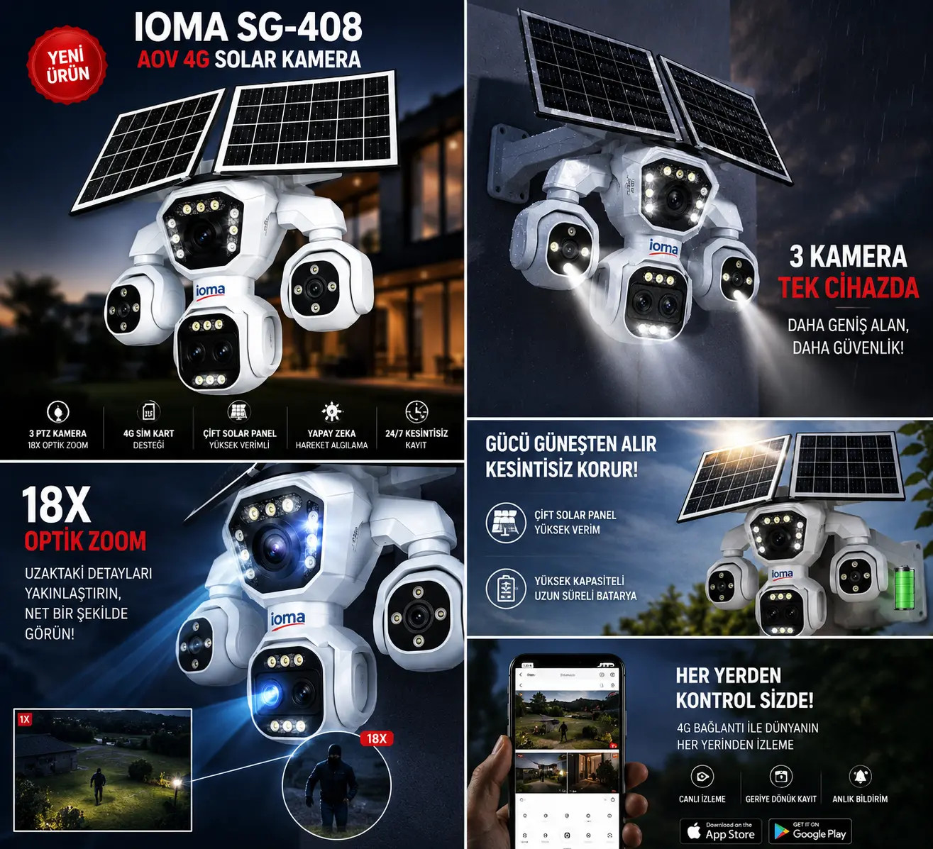 IOMA SG-408 AOV 4G Solar Güvenlik Kamerası | 18X Zoomlu